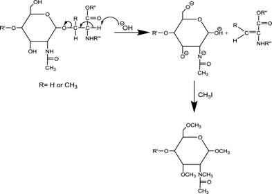 하나의 아미노산으로부터 O-당사슬이 가수분해 되고 permethylation 되는 반응도.