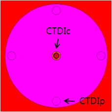 CTDI 팬텀을 이용하여 선량 측정시 CTDIc 및 CTDIp의 위치