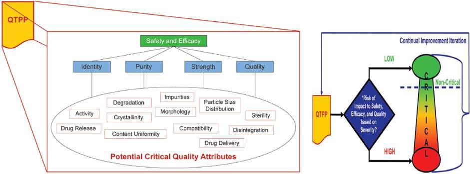 잠재적 핵심품질특성(CQA)을 정하기 위해 기초가 되는 목표품질제품프로필(Quality target product profile, QTPP)과 CQA 결정트리분석