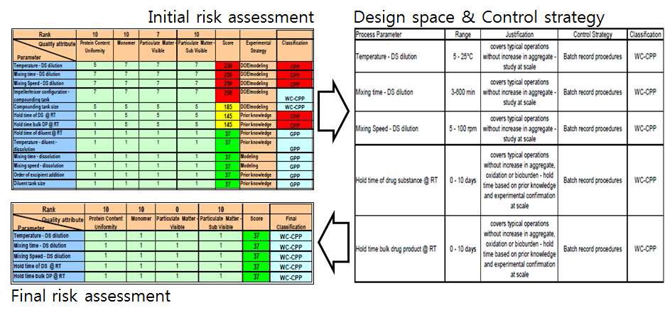 조제 및 조합 공정에서의 위험평가와 설계공간 및 품질관리전략 결과