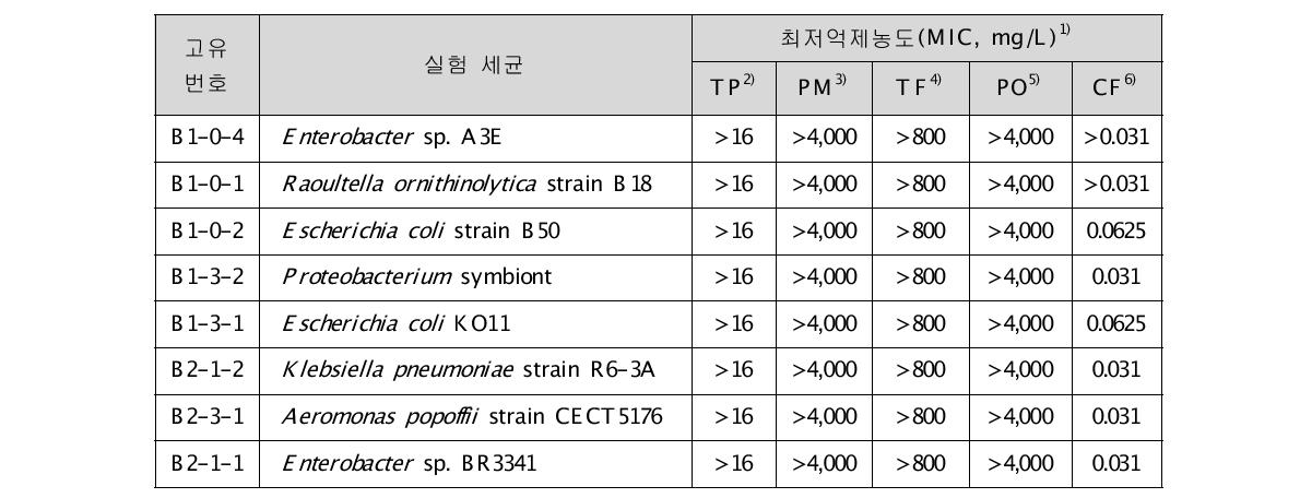 antibiotics tested against eight bacterial strains identified in water from anaerobic septic tanks)