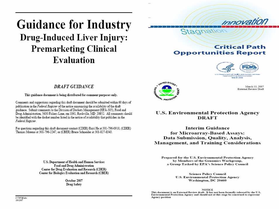 The guidances about drug-induced liver injury, critical path opportunities report and microarray-based assays