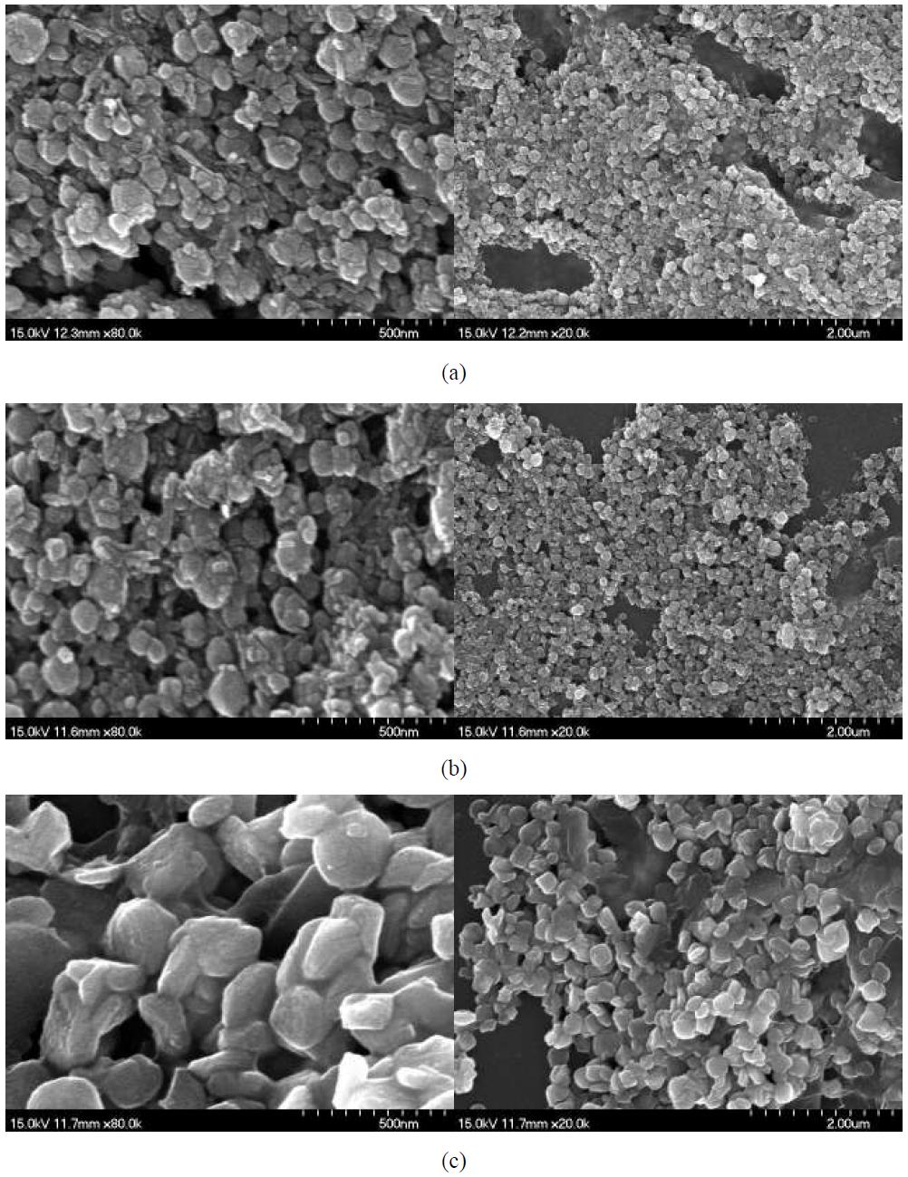 SEM micrographs of Fe2O3 after incubation in small intestine : (a) Fe2O3 NPAE (scale bars, from left to right: 500 nm and 2 μm), (b) Fe2O3 MPAE (scale bars, from left to right: 500 nm and 2 μm). (c) Fe2O3 MPAA (scale bars, from left to right: 500 nm and 2μm).