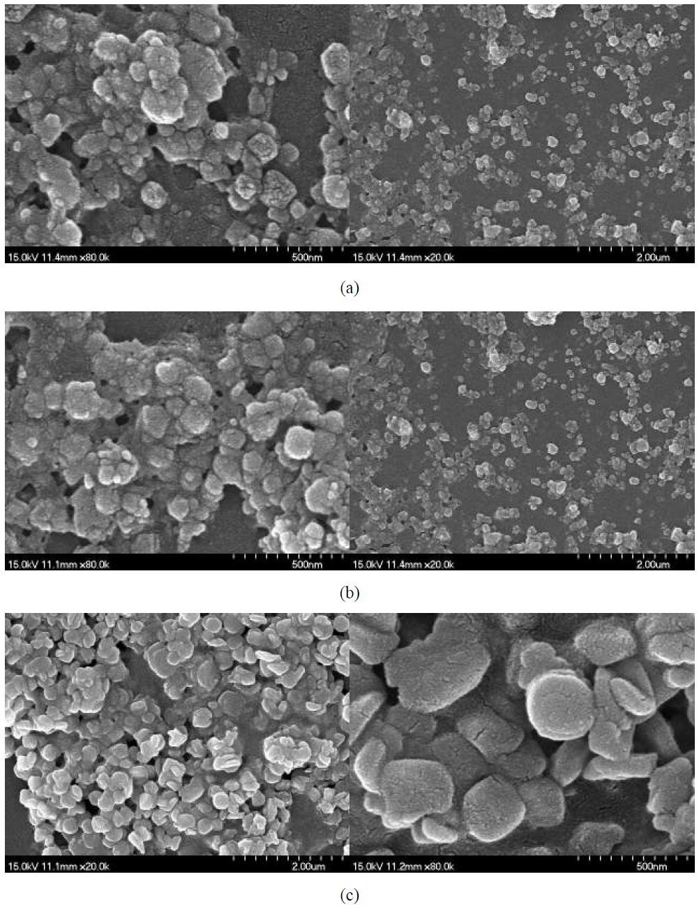 SEM micrographs of Fe2O3 after incubation in plasma : (a) Fe2O3 NPAE (scale bars, from left to right: 500 nm and 2 μm), (b) Fe2O3 MPAE (scale bars, from left to right: 500 nm and 2 μm). (c) Fe2O3 MPAA (scale bars, from left to right: 500 nm and 2 μm).