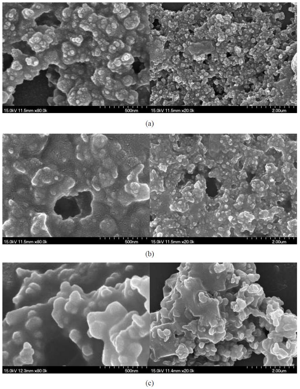 SEM micrographs of Fe2O3 after incubation in cytosol : (a) Fe2O3 NPAE (scale bars, from left to right: 500 nm and 2 μm), (b) Fe2O3 MPAE (scale bars, from left to right: 500 nm and 2 μm). (c) Fe2O3 MPAA (scale bars, from left to right: 500 nm and 2 μm).