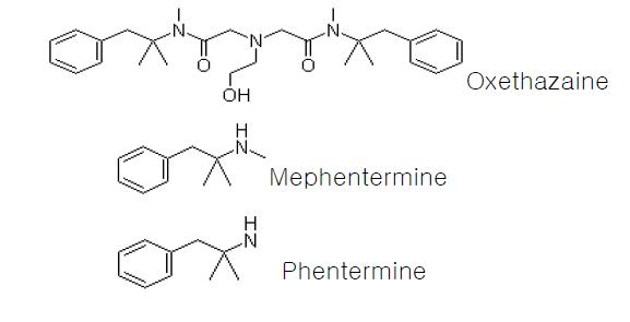 oxethazaine, mephentermine 및 phentermine의 구조