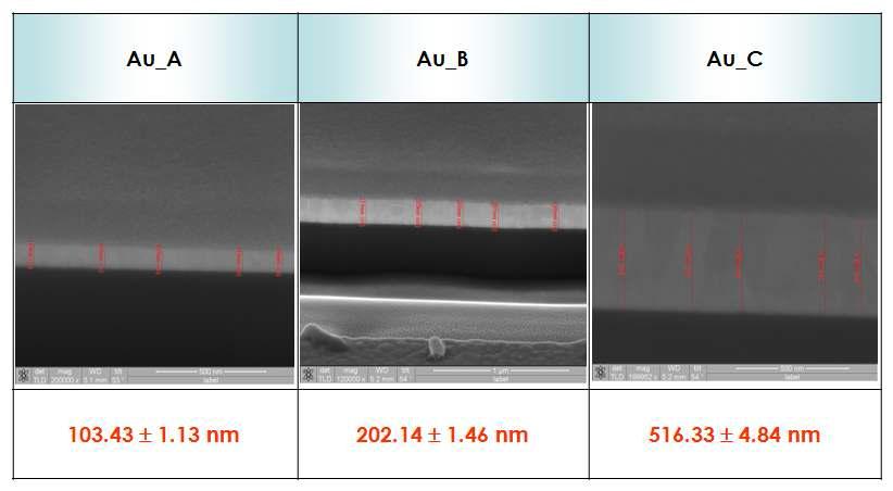 FIB-SEM을 이용한 금 박막의 두께 측정 사진
