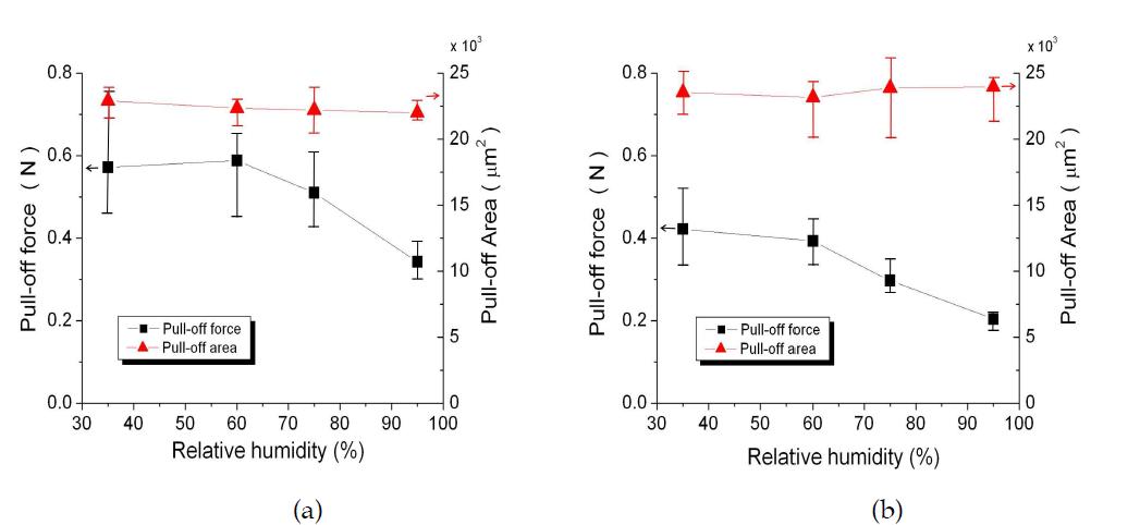분리속도가 점착력에 미치는 영향 : (a) AMO-NIL MMS4, (b) PAK-01
