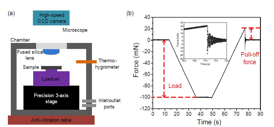 (a) Schematic diagram of the lab-built microtribometer and (b) a typical load? history curve from the adhesion tests.