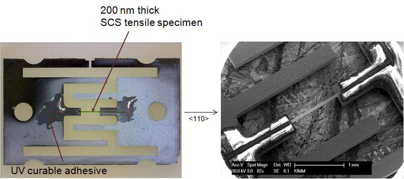 전사 공정을 통하여 제작된 단결정 실리콘 인장시험편 사진 및 SEM 이미지