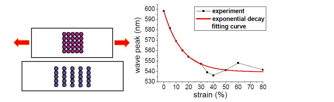 폴리머 위에 올려진 나노 배열의 인장전후 도식화 그림과 변형률에 따른 파장피크의 변화 그래프
