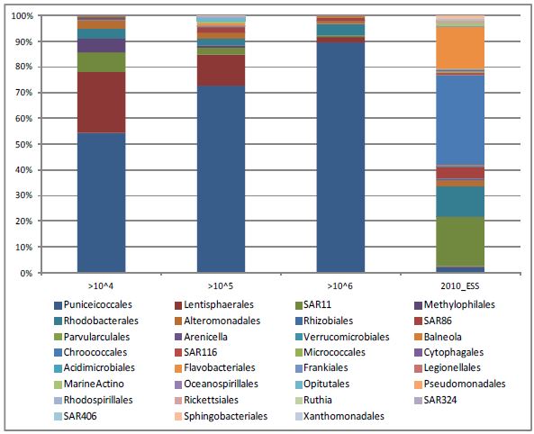 Fig. 3-4-6. Bacterial community structure in pyrosequencing results from HTC isolates and East Sea seawater