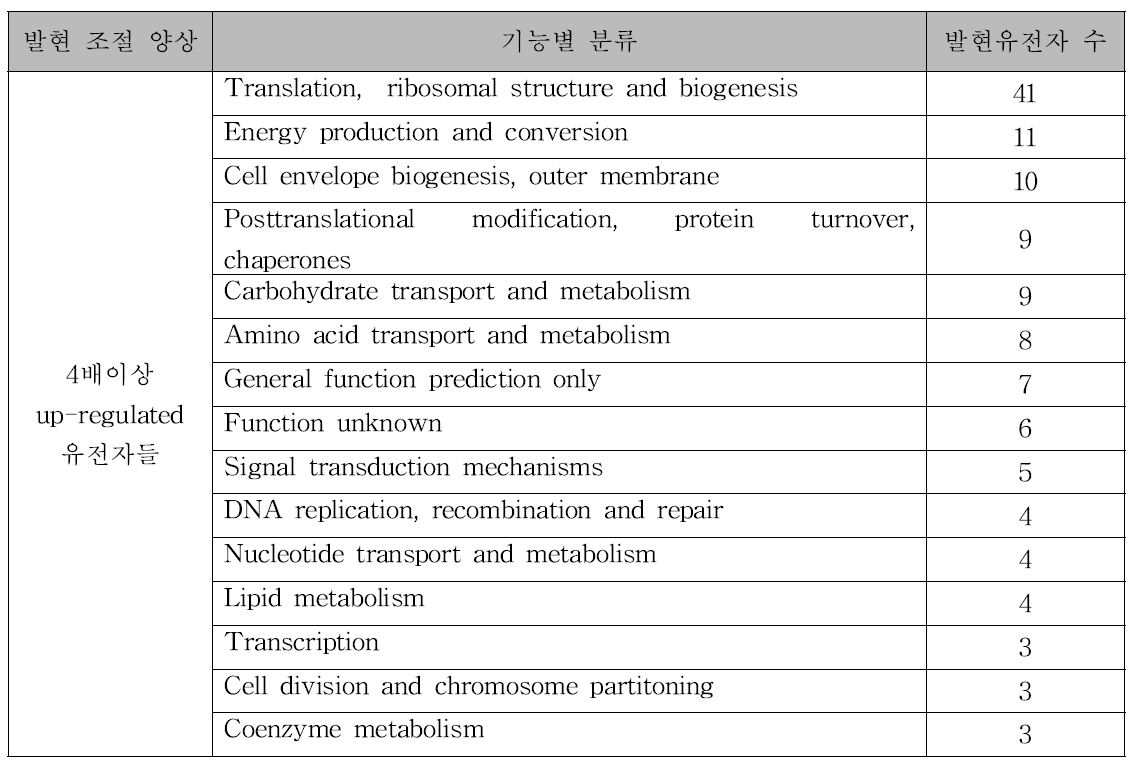 4배이상up-regulated유전자들의기능별분류