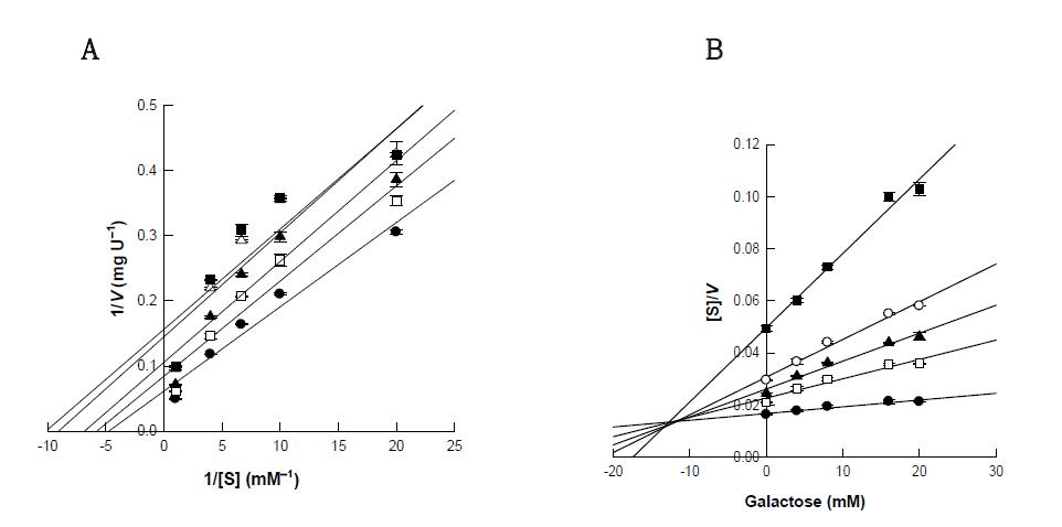 Lineweaver-Burk and Cornish-Bowden plots of C. saccharolyticus β-galactosidase for different concentrations of galactose.