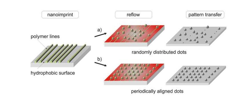Process scheme: Polymer line structures are generated by nanoimprint lithography and window opening before a hydrophobic surfactant coating is applied. Depending on minor modification of the stamp design, randomly distributed dots a) or a regular pattern b) are formed during a subsequent reflow step.