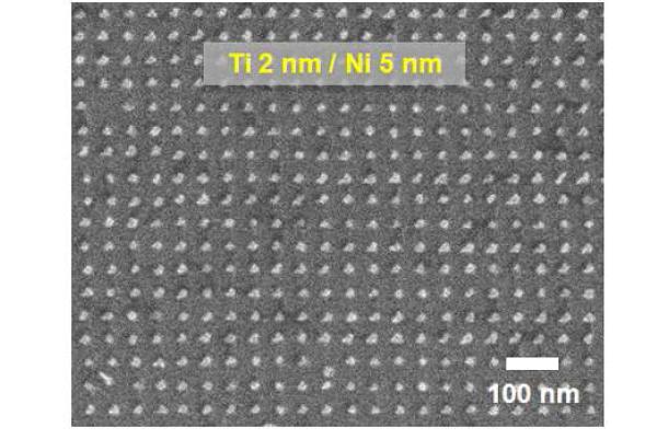 위와 같은 shadow mask evaporation 공정을 이용하여 제작된 Ti 2nm / Ni 5nm로 구성된 metal nano dot array.