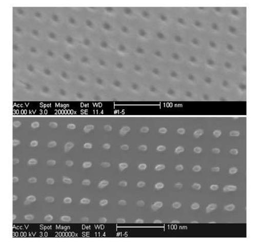 PMMA에 위해 형성된 nano hole pattern 및 metal 증착과 lift-off를 통해 형성된 nano dot array