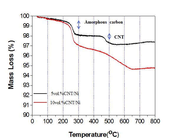 제조된 탄소나노튜브/Ni 나노복합분말의 TG/DSC 분석 결과