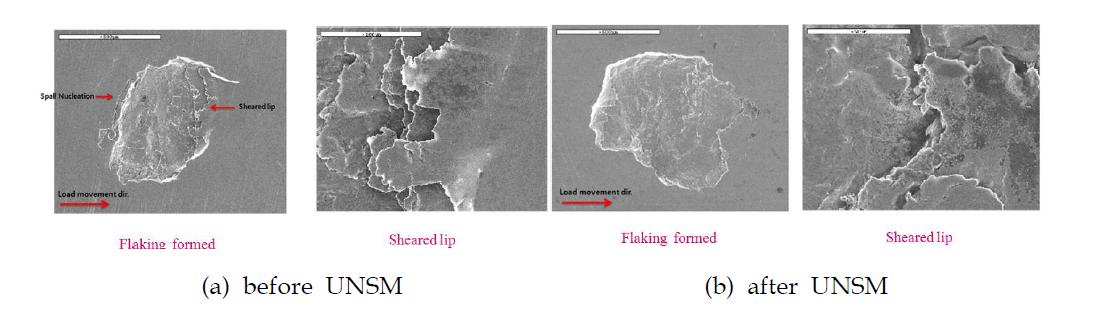 SEM micrographs of flaking failure