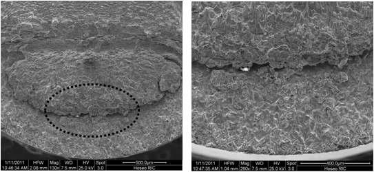 SEM micrographs showing the overall view of the fatigue fracture surface of Ti-6Al-4V and high magnification : 539.3 MPa, 1.2×109 cycles