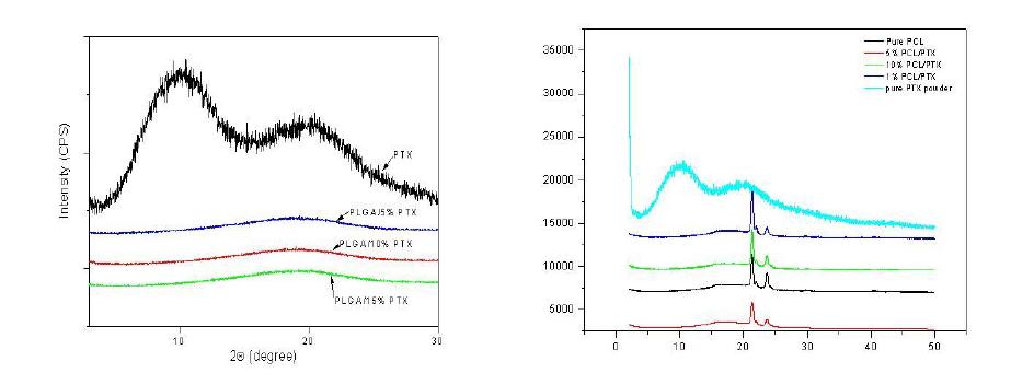 XRD를 이용한 1, 5, 10% PTX가 함유된 PLGA 및 PCL의 결정성 특성 분석