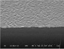 PS(80k)-PMMA(80k)에 의한 수직 배향 nanogroove형 나노템플레이트에 ALD 공정으로 저온 증착하여 제조한 TiO2 나노전극의 FE-SEM 이미지.