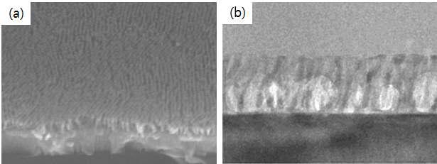 TiO2/ITO 기판에 두께 개선된 수직 배향 nanocylinder 나노템플레이트에 딥코팅법으로 제조한 TiO2 나노전극의 (a) FE-SEM; (b) 단면 TEM 이미지