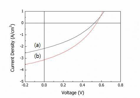TiO2 나노전극으로 제조한 P3HT:PCBM 벌크헤테로정션하이브리드 태양전지의 J-V 특성:(a) nanogroove without PCBM interlayer; (b) nanogroove with PCBM interlayer.