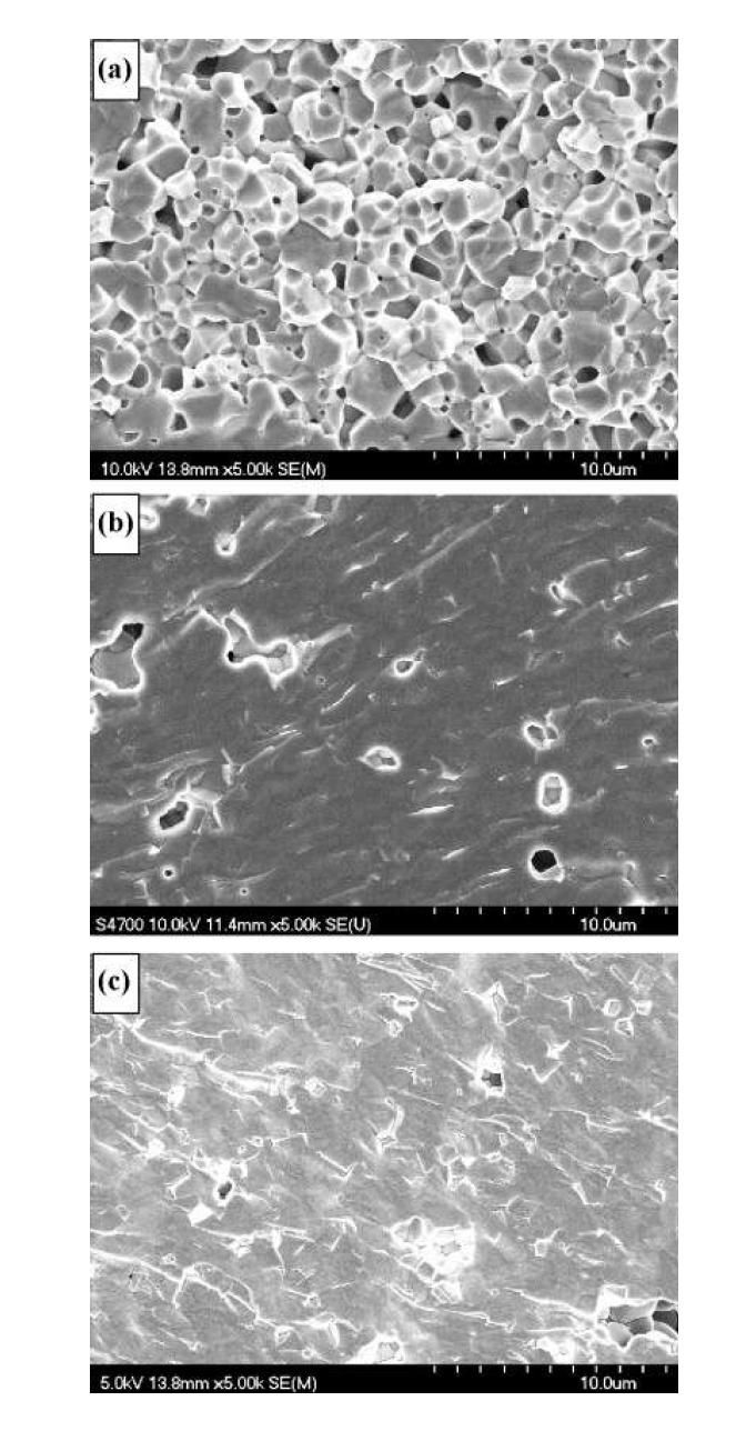 소결된(1300℃ for 5h) La0.6Sr0.4M0.2Fe0.8O3-δ(M=Co, Cr or Ti) pellet의 SEM 분석결과: (a) Co, (b) Cr, (c) Ti