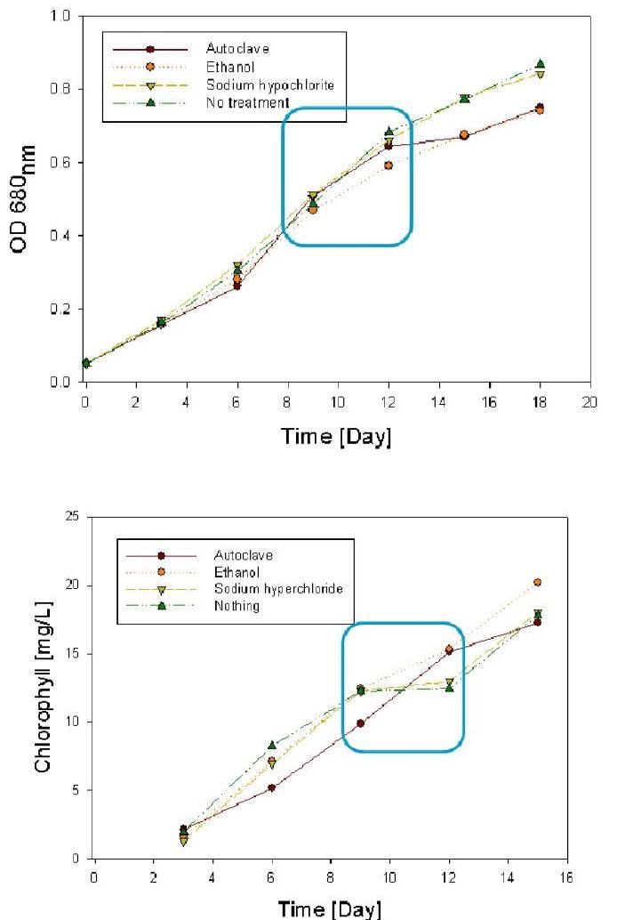 4가지 멸균 방법에 의한 광 생물 반응기내의 멸균 비교 (OD 및 Chlorophyll 농도).