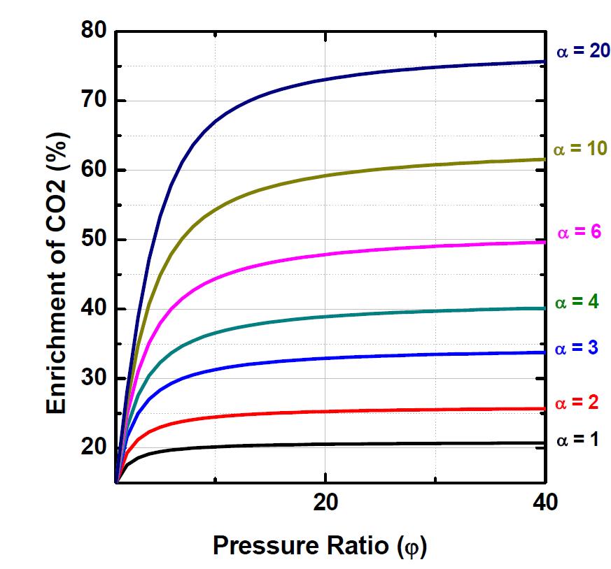 중공사막 모듈의 압력비와 선택도에 따른 이산화탄소의 농축도 계산 결과