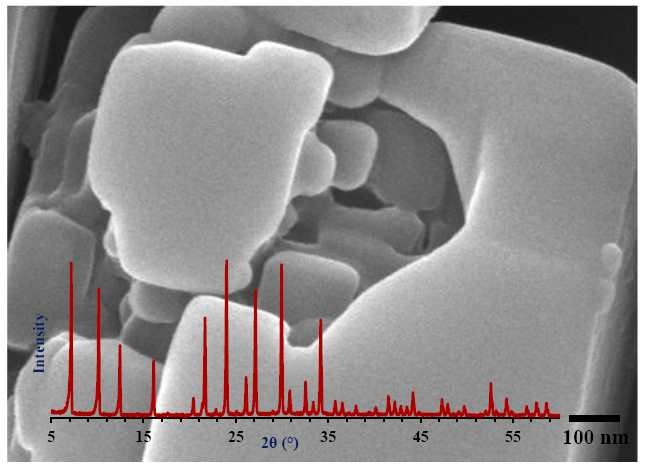 SEM micrograph of NaA zeolite cube synthesized in the presence of nano seeds of very low concentration (ageing temperature 24h, ageing time 24 h, crystallization temperature 100 °C and crystallization time 3h) obtained from NaA9Cr specimen.