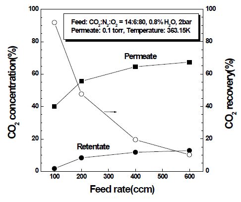 CO2-N2-O2-H2O 사성분계 혼합가스에서 주입속도에 따른 CO2 농도와 회수율의 변화