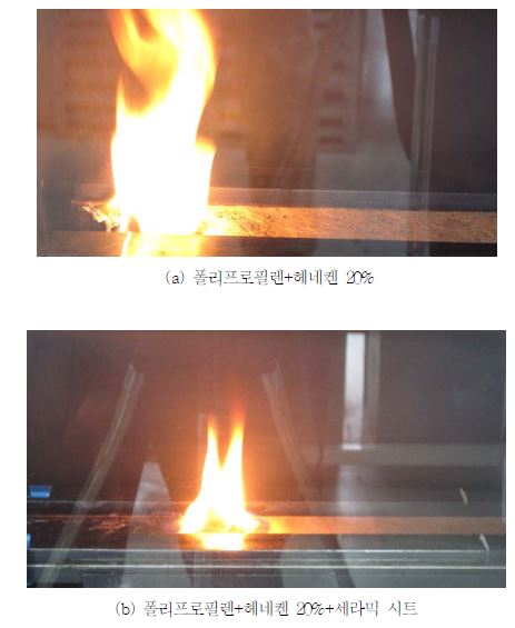 바이오복합재료 및 세라믹 시트 단면 결합 바이오복합재료의 연소불꽃형태 비교