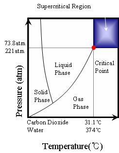 초임계 이산화탄소와 물의 온도-압력 관계