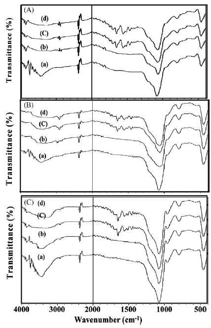 IR spectrum of (A): (a) MCM-41; (b) MCM-41/CPTMS; (c)MCM-41/TEPA; (d) MCM-41/TREN. (B): (a) MCM-48; (b) MCM-48/CPTMS; (c)MCM-48/TEPA; (d) MCM-48/TREN. (C): (a) SBA-15; (b) SBA-15/CPTMS; (c)SBA-15/TEPA; (d)SBA-15/TREN