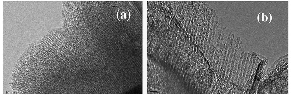 TEM 이미지 (a)Mg-OMC-0.5; (b) Mg-OMC-1.