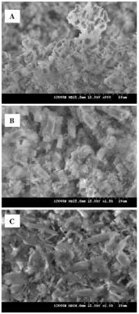 SEM images of (A) Fe ZSM-5 (25), (B) Fe ZSM-5 (50) and (C) Fe ZSM-5 (100)