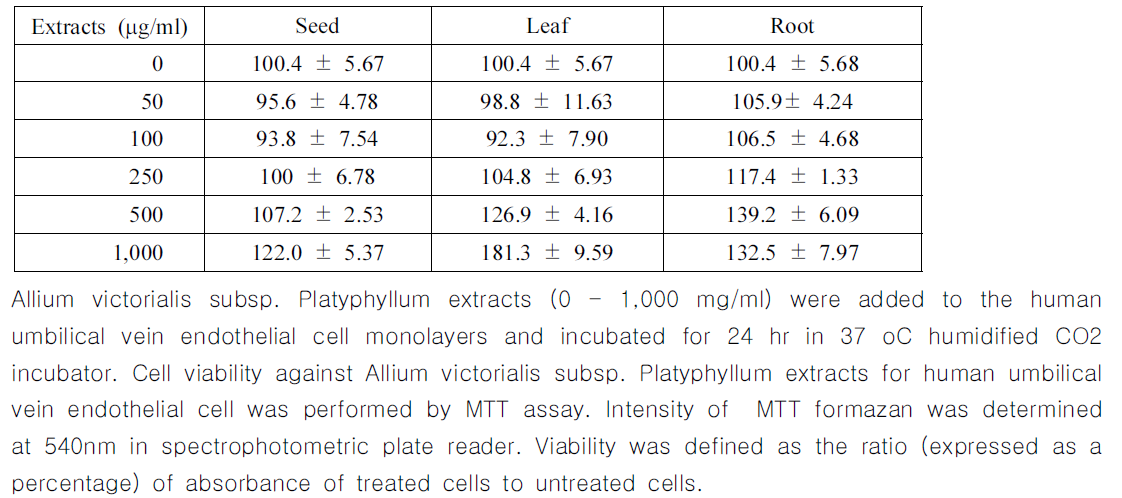 Cytotoxicity of Allium victorialis subsp. Platyphyllum extracts for human umbilical vein endothelial cell.
