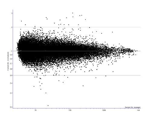 M vs. A (plot 비교/대조군의 intensity 비율을 log 값으로 나타냄) 으로 샘플의 발현 변이를 up/down level로 확인