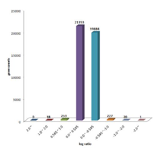 Log intensity를 이용하여 발현변이를 나타내는 유전자들의 수를 단계별로 확인한 intensity ratio histograph