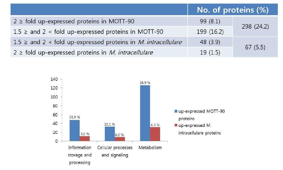 MOTT-90과 M. intracellulare에서 공통적으로 발현하는 단백질 중 발현량의 차이 양상.