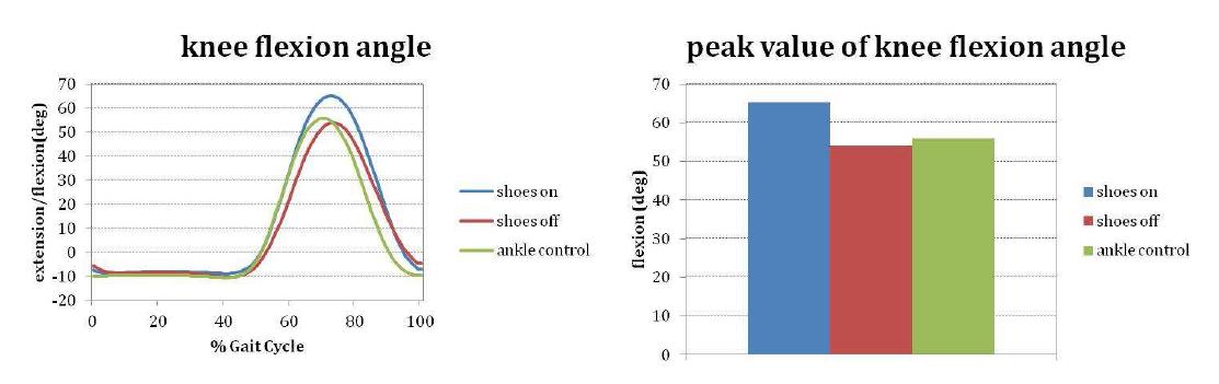보행 중 슬관절 굴곡/신전 각도 및 슬관절 굴곡 각도의 최곳값의 차이비교