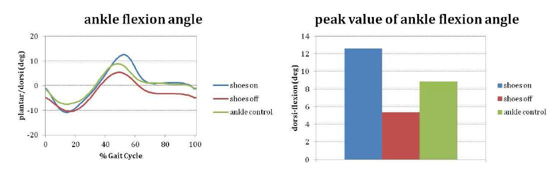 보행 중 족관절 배굴/저굴 각도 및 족관절 배굴 각도의 최곳값 차이 비교