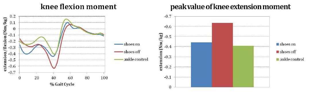 슬관절 굴곡/신전 모멘트 및 슬관절 신전 모멘트 최곳값 차이 비교