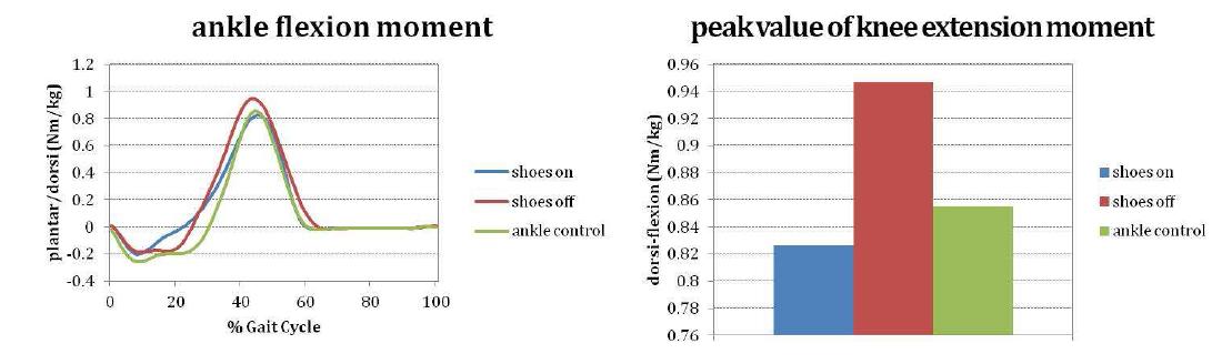 족관절 배굴/저굴 모멘트 및 족관절 배굴 모멘트 최곳값 차이 비교