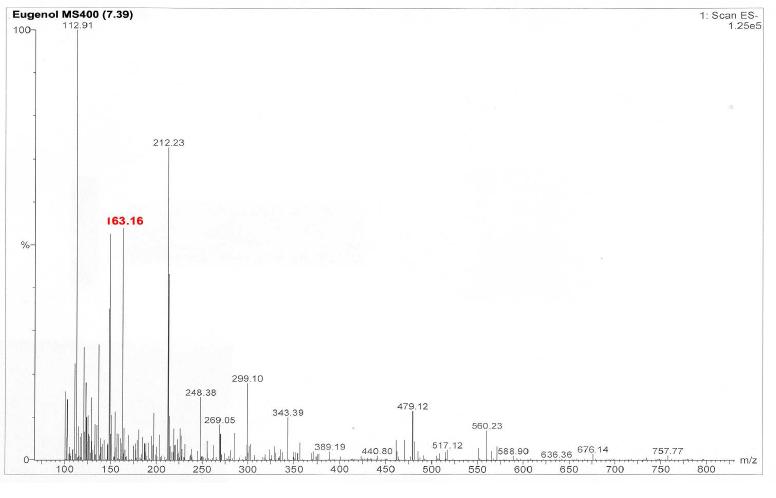 Micromass ZQ를 이용한 Eugenol(MS: 164.204) 피크의 Mass spectrum (ES-: 163.16)