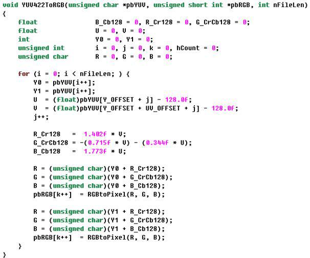 Floating 소프트웨어를 이용하여 YUV를 RGB 데이터로 변환하는 코드