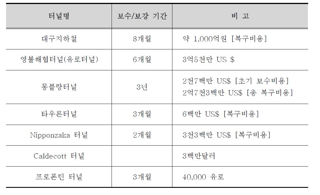 국내외 터널의 보수기간과 피해금액