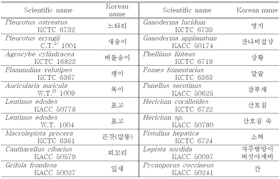 실험에 사용된 버섯 목록